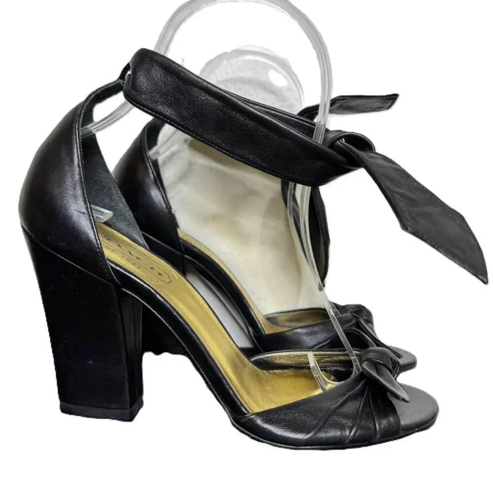 Coach Black Leather Peep-Toe Heels, Ankle Tie, 3.5